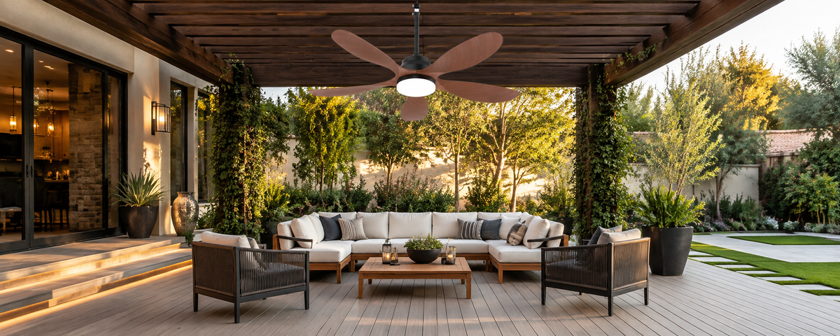 Measuring mounting height and blade clearance for a solar ceiling fan in a pergola