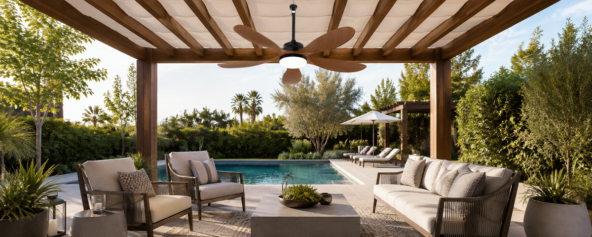 Separate solar panel in direct sunlight powering a ceiling fan under a shaded pergola