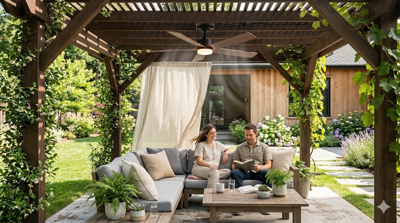Ventallion solar ceiling fan with light for a pergola seating area