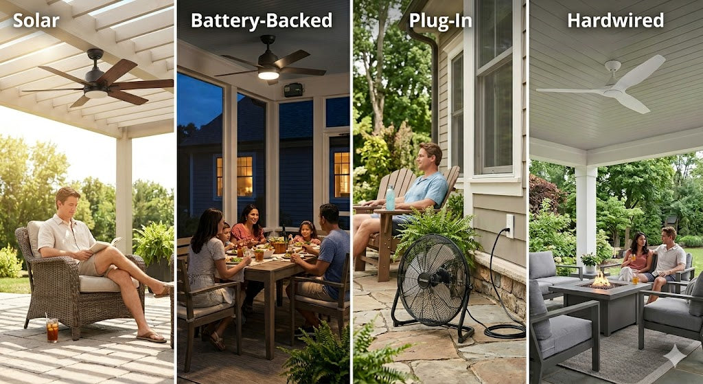 Comparison of solar-only, battery-backup, plug-in, and hardwired outdoor fan setups