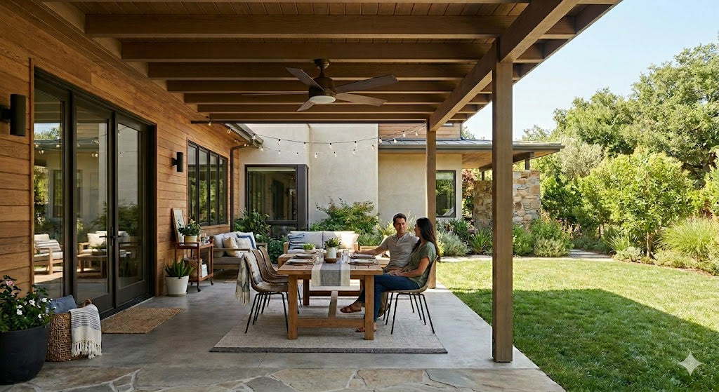 Covered outdoor space showing ceiling fan size, built-in light, and separate solar panel placement