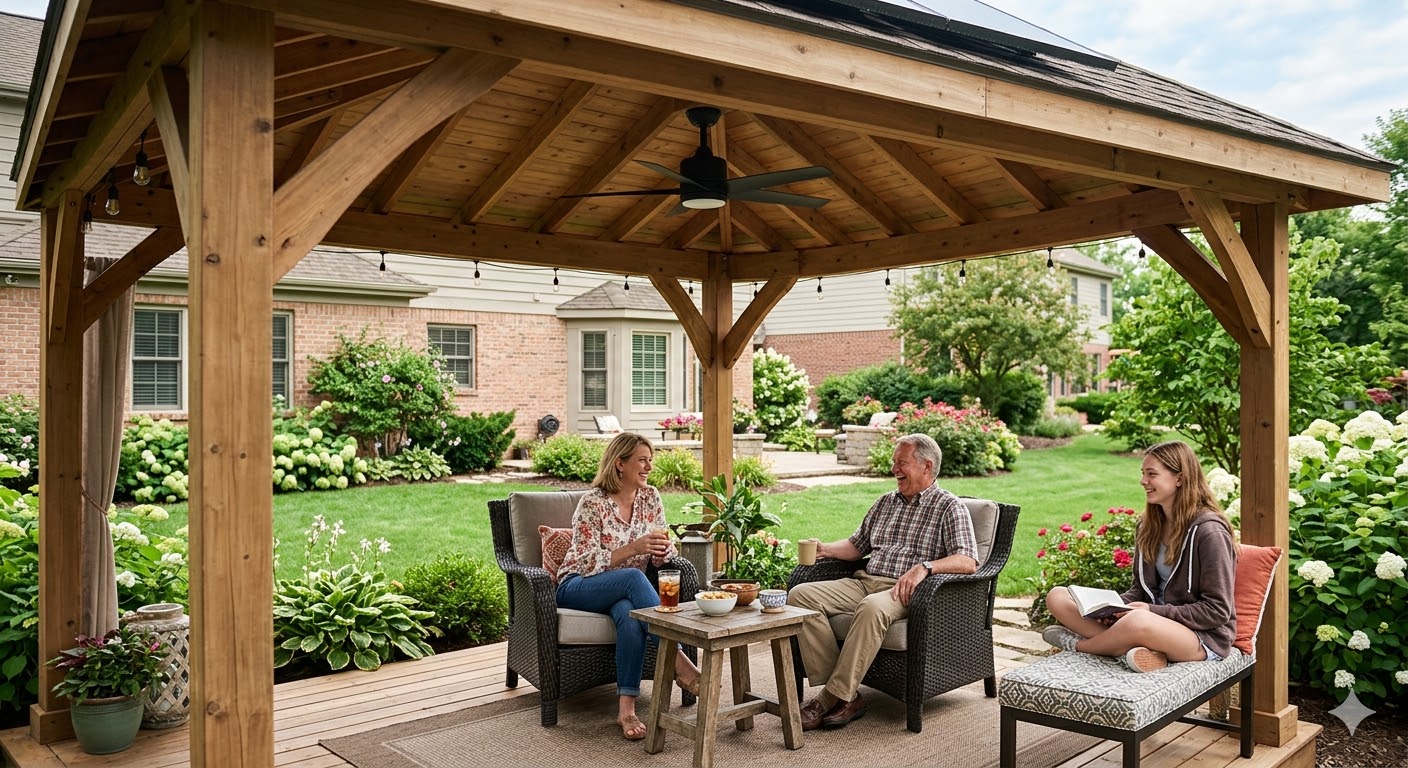 solar powered outdoor ceiling fan setup for a gazebo without wiring