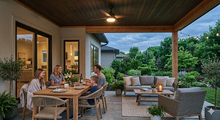 Covered patio with a solar ceiling fan and light over an outdoor dining area in the evening