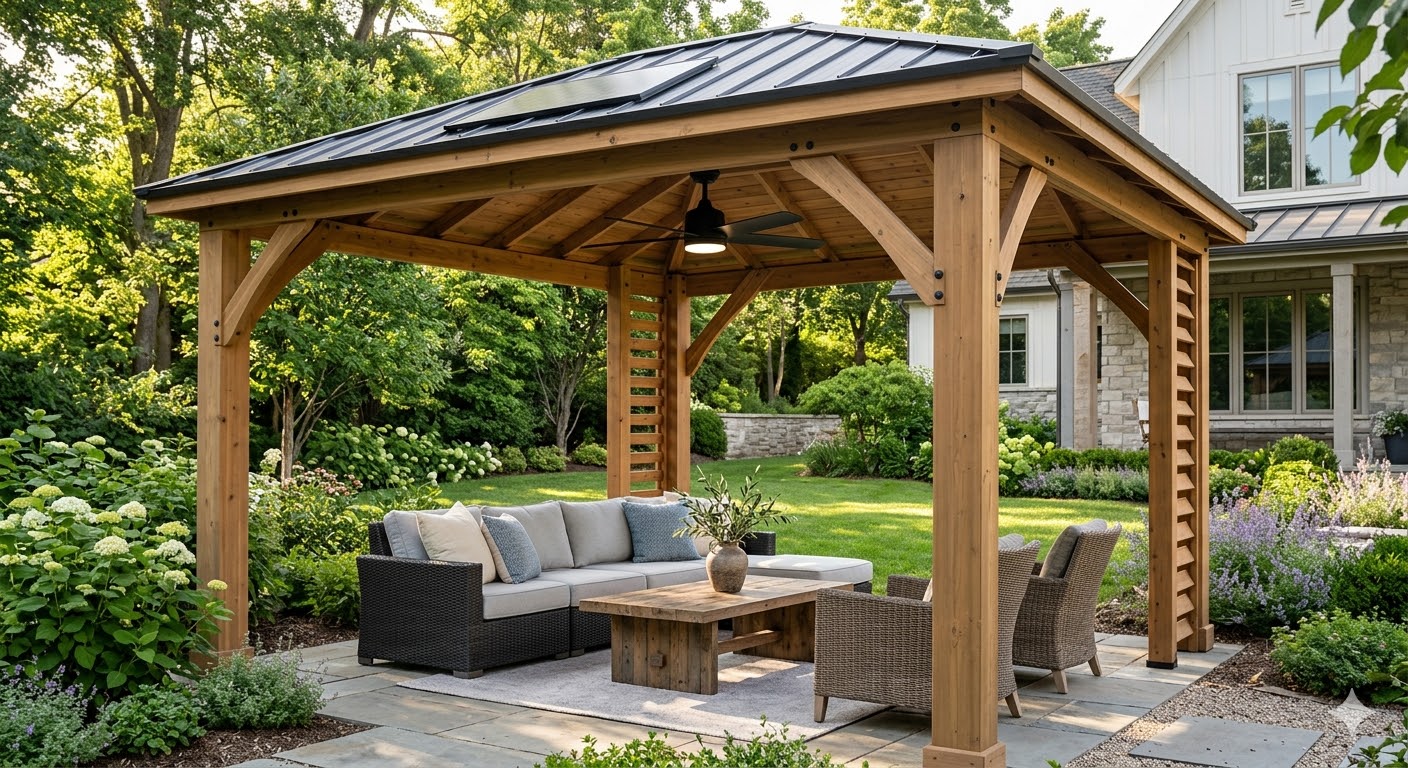 solar ceiling fan for gazebo use in a comfortable outdoor seating area