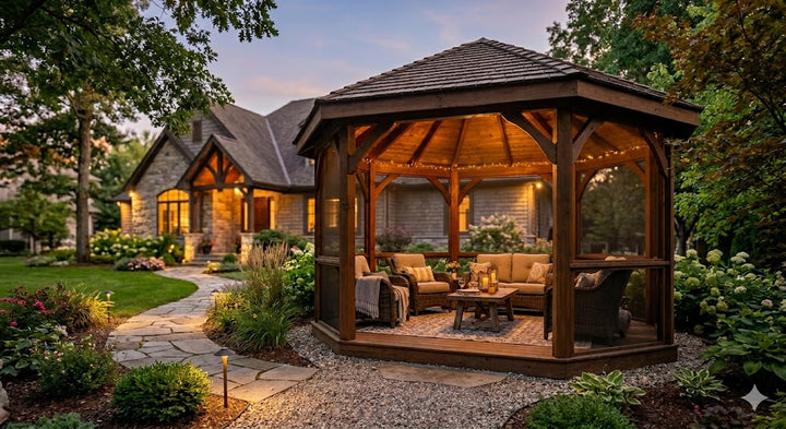 Gazebo with a solar ceiling fan and light in a landscaped backyard