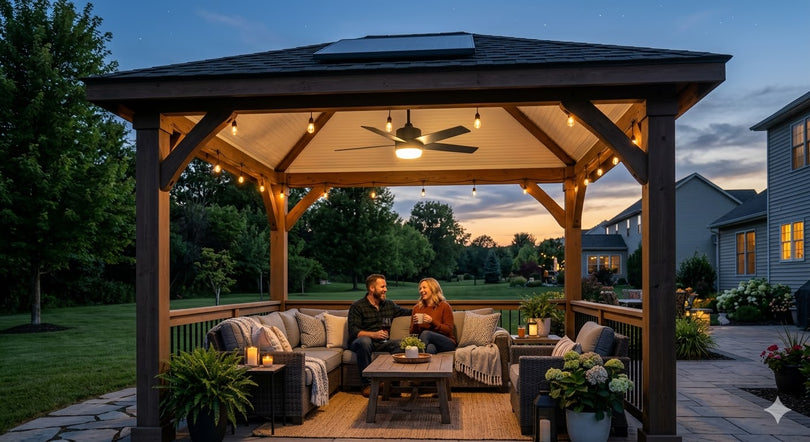 solar ceiling fan with light in a gazebo during evening outdoor use