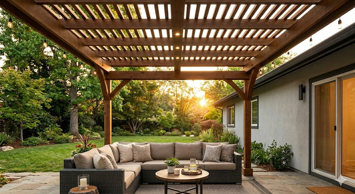 Pergola with a solar ceiling fan and light creating airflow for an outdoor seating area