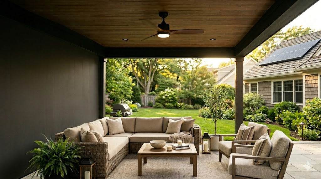 Covered outdoor patio with a solar ceiling fan and light at sunset