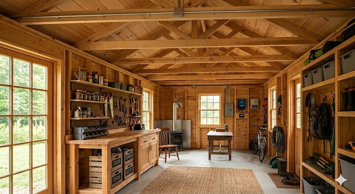 Shed interior with a solar ceiling fan and light for off-grid airflow and illumination