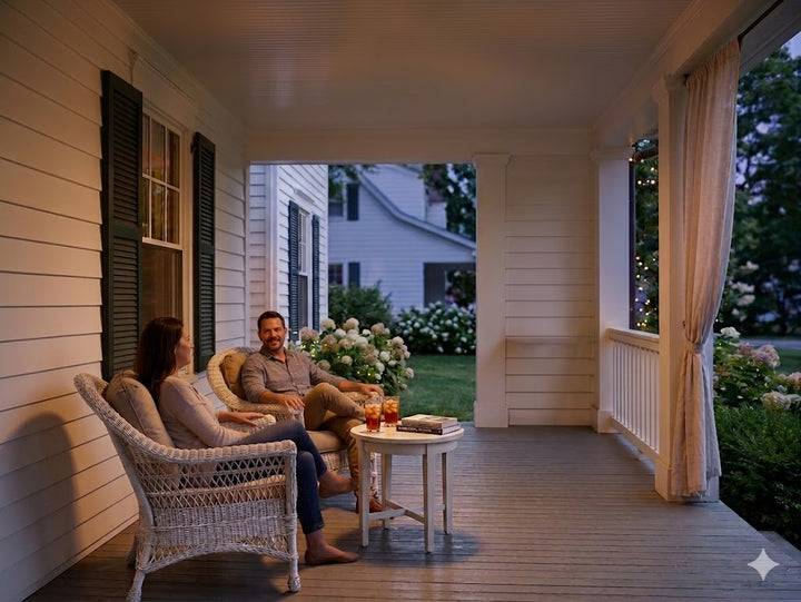 Covered porch with a solar ceiling fan and light for shaded outdoor comfort